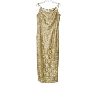 VTG Jessica McClintock Gunne Sax Womens Fairy Gold Lace Y2K Maxi Dress M Party